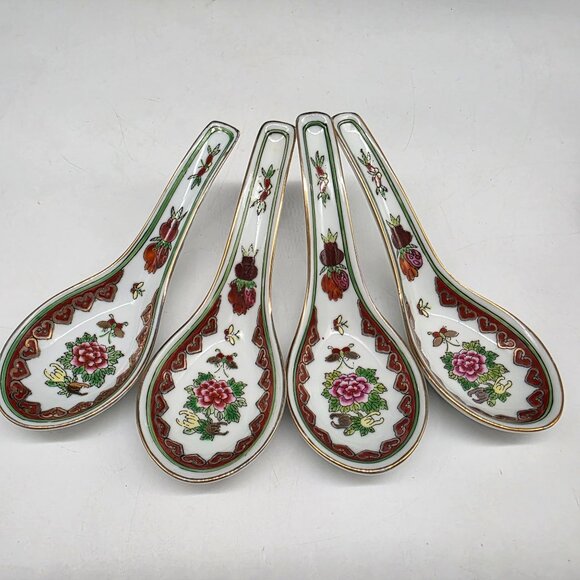 Chinese Porcelain Soup Spoons With Silverplated Dragon Rests Floral Heart Set - Picture 2 of 9